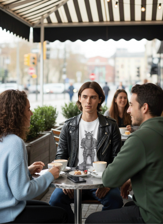 Male model wearing a white box fit Studio Viekay Samurai tee at an outdoor cafe, showcasing black engraved Samurai linework in a premium minimalist streetwear style.