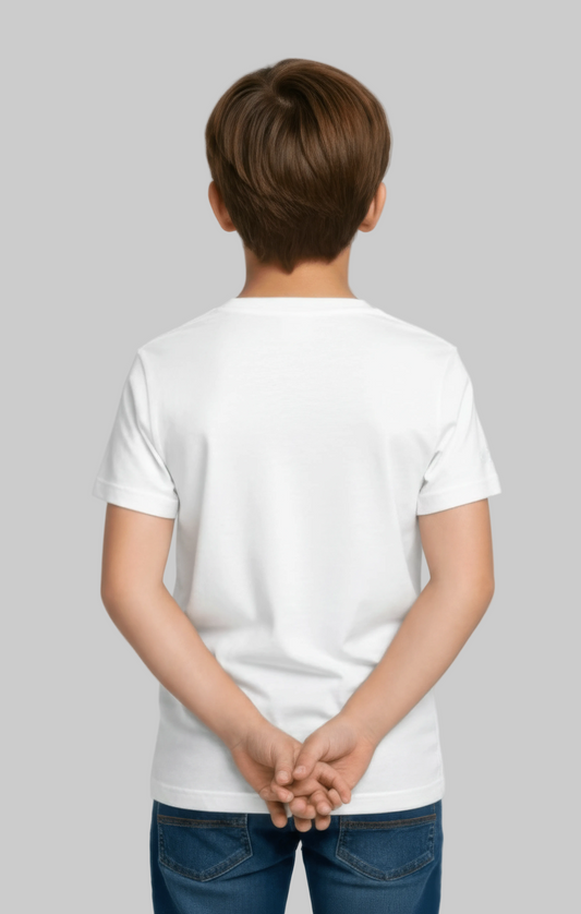 Back view of a child model wearing a plain white t-shirt on a gray background