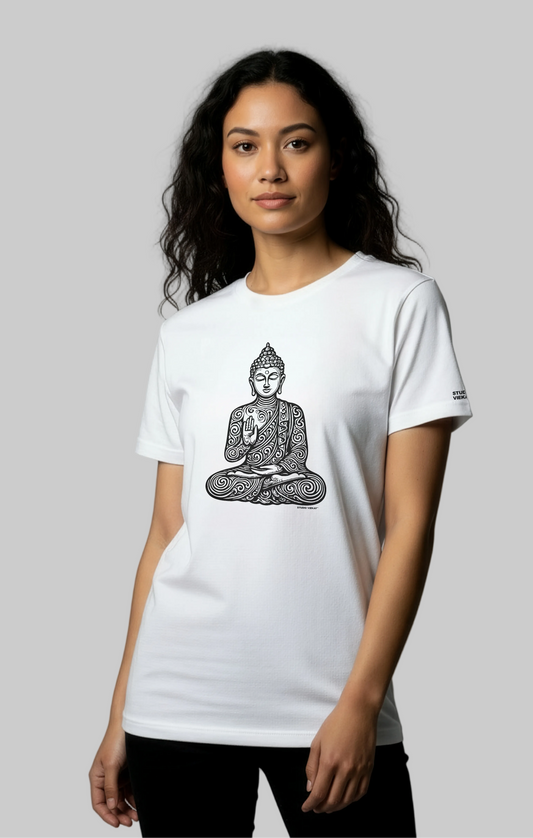 Model wearing a white t-shirt with a Studio VieKay design Buddha graphic on a gray background