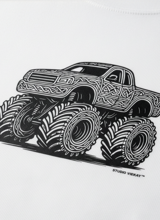 Detail view of graphic printed on premium white T-shirt.