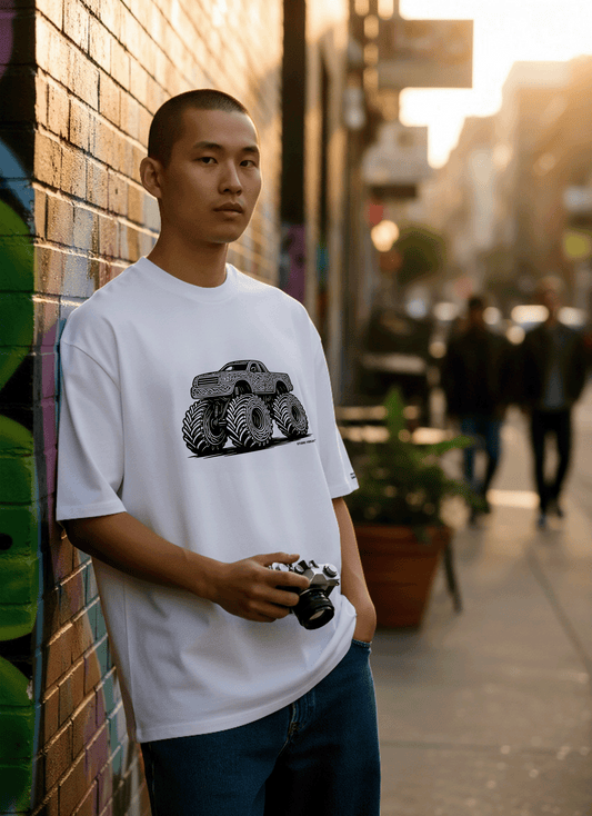 Model leaning against a wall holding a camera while wearing Studio Viekay Monster Truck streetwear in a calm candid moment