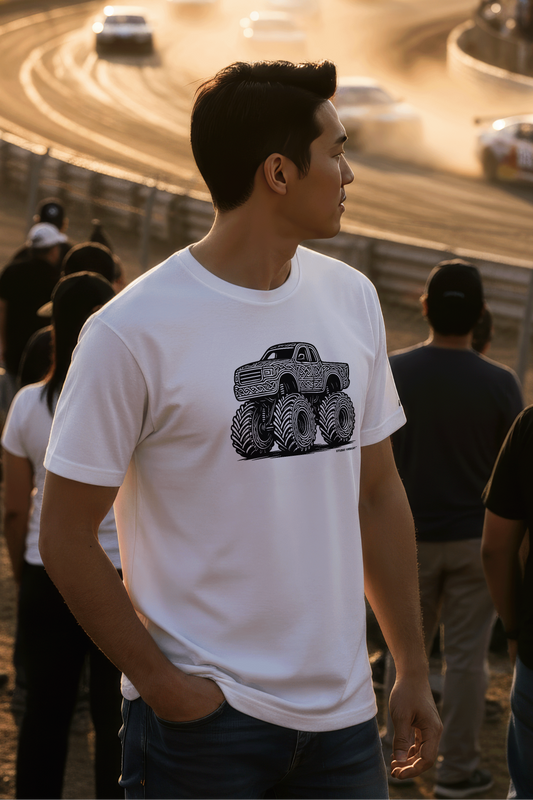 Model wearing a white Studio Viekay tshirt watching a car race on a track with spectators and cars in the background.