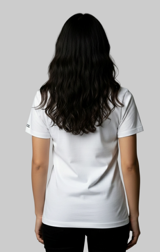 Back view of the model wearing a white t-shirt on a plain background