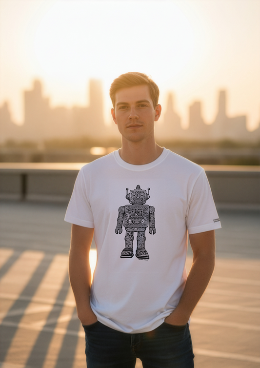 Model wearing a white standard fit tee with engraved black and white robot artwork while standing on a sunny rooftop with a city skyline in the background
