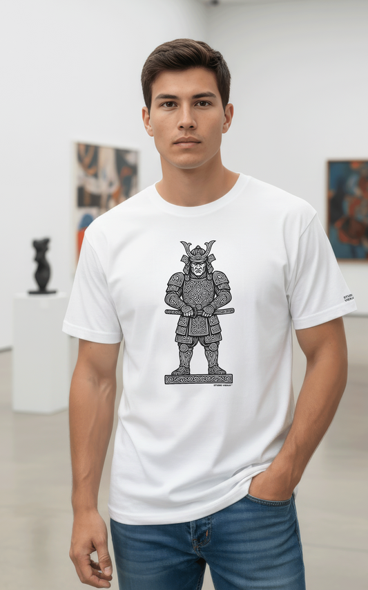 Model wearing a Studio Viekay white t-shirt with a Samurai graphic design in an art gallery.