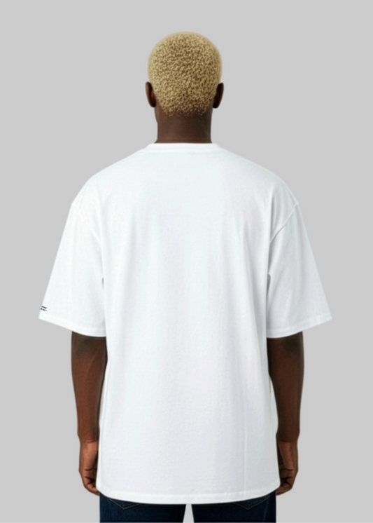 Back view of a Model wearing a Studio Viekay white t-shirt on a plain background