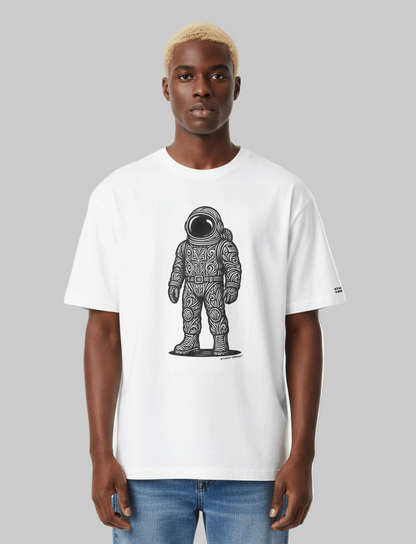 Model wearing Studio Viekay Astronaut Engraved Art Box Tee with carved astronaut artwork