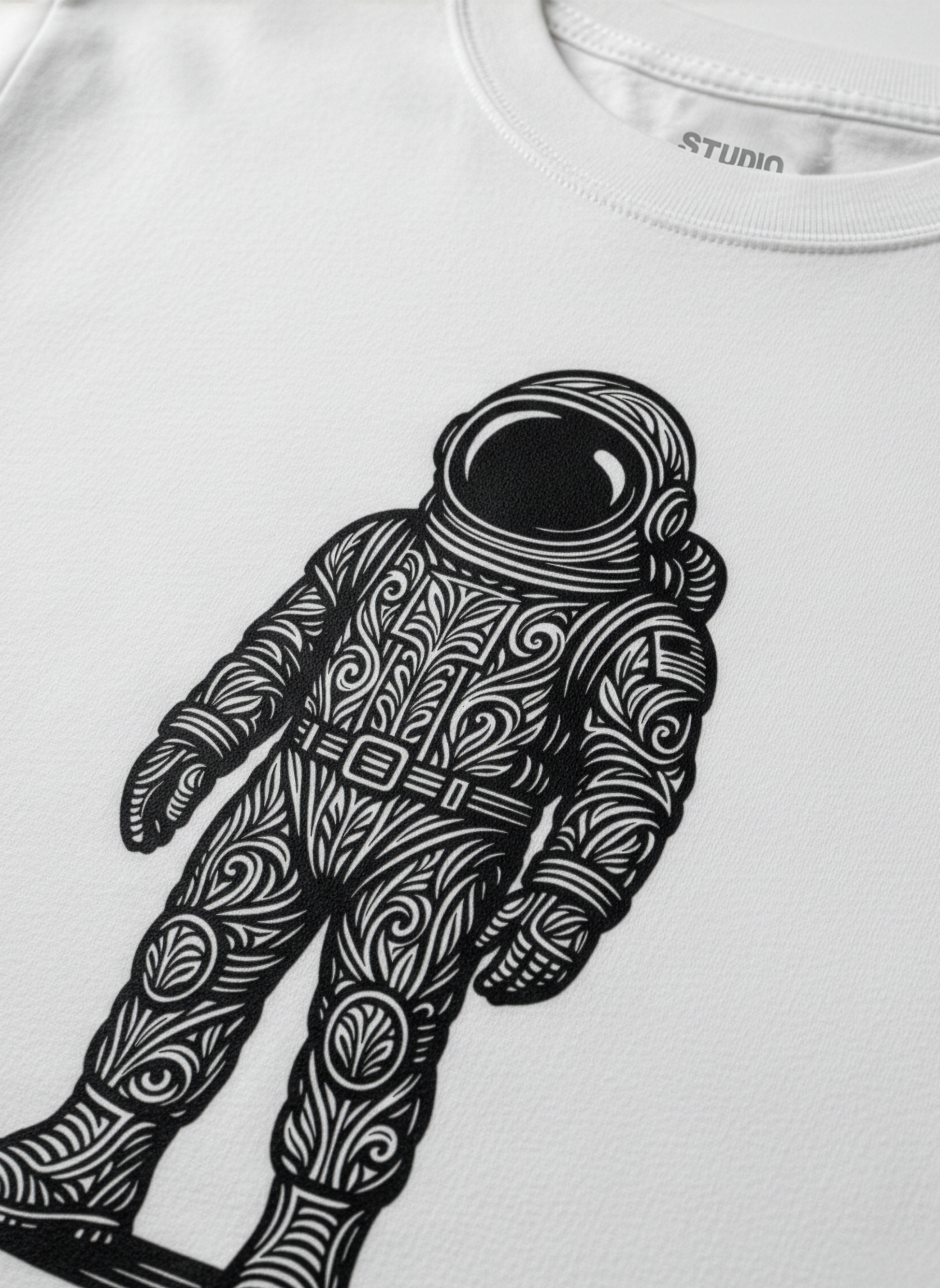 Detail of Studio Viekay white tee depicting Astronaut graphic