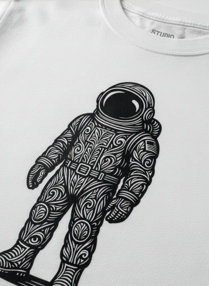 Detail of Studio Viekay white tee depicting Astronaut graphic