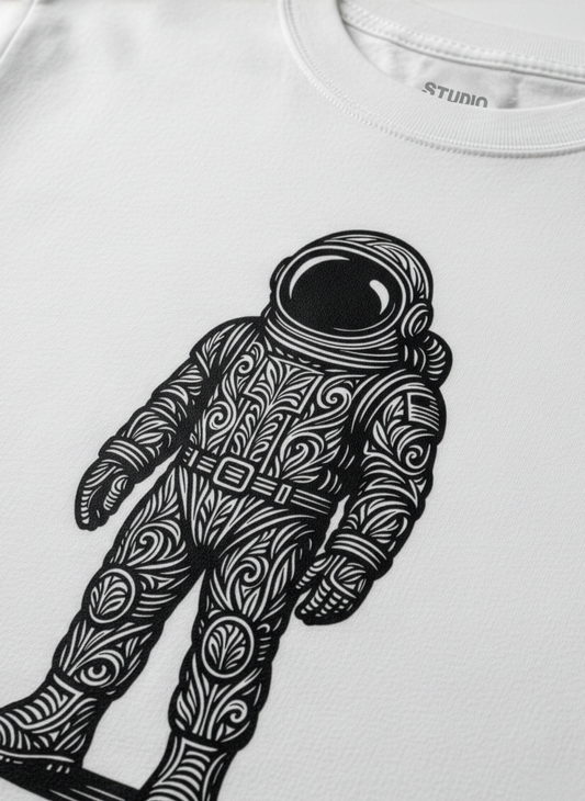 Detail of Studio Viekay white tee depicting Astronaut graphic