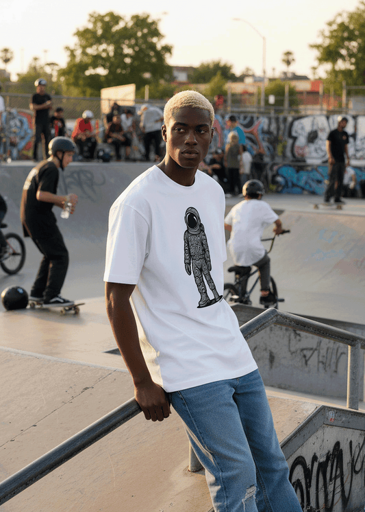 Model wearing Studio Viekay Astronaut Engraved Art Box Tee at a skate park with skaters and graffiti walls in the background