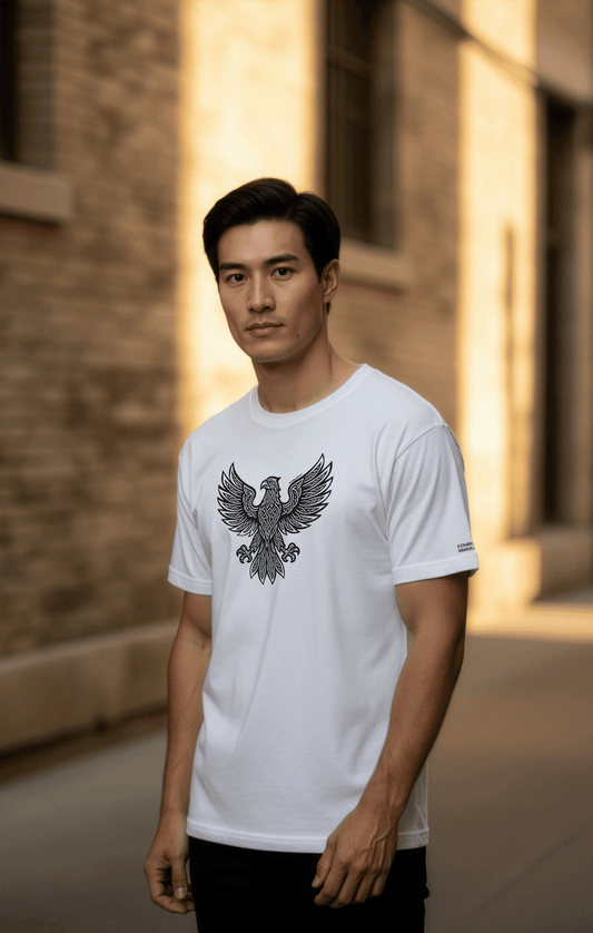 Model wearing a Studio Viekay tee with an eagle print standing in an alley