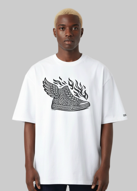 Model wearing Studio Viekay Flying Sneaker Tee with engraved black and white artwork