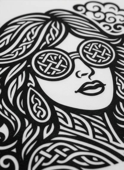Black-and-white illustration of a Studio Viekay graphic depicting a woman wearing sunglasses with intricate patterns.
