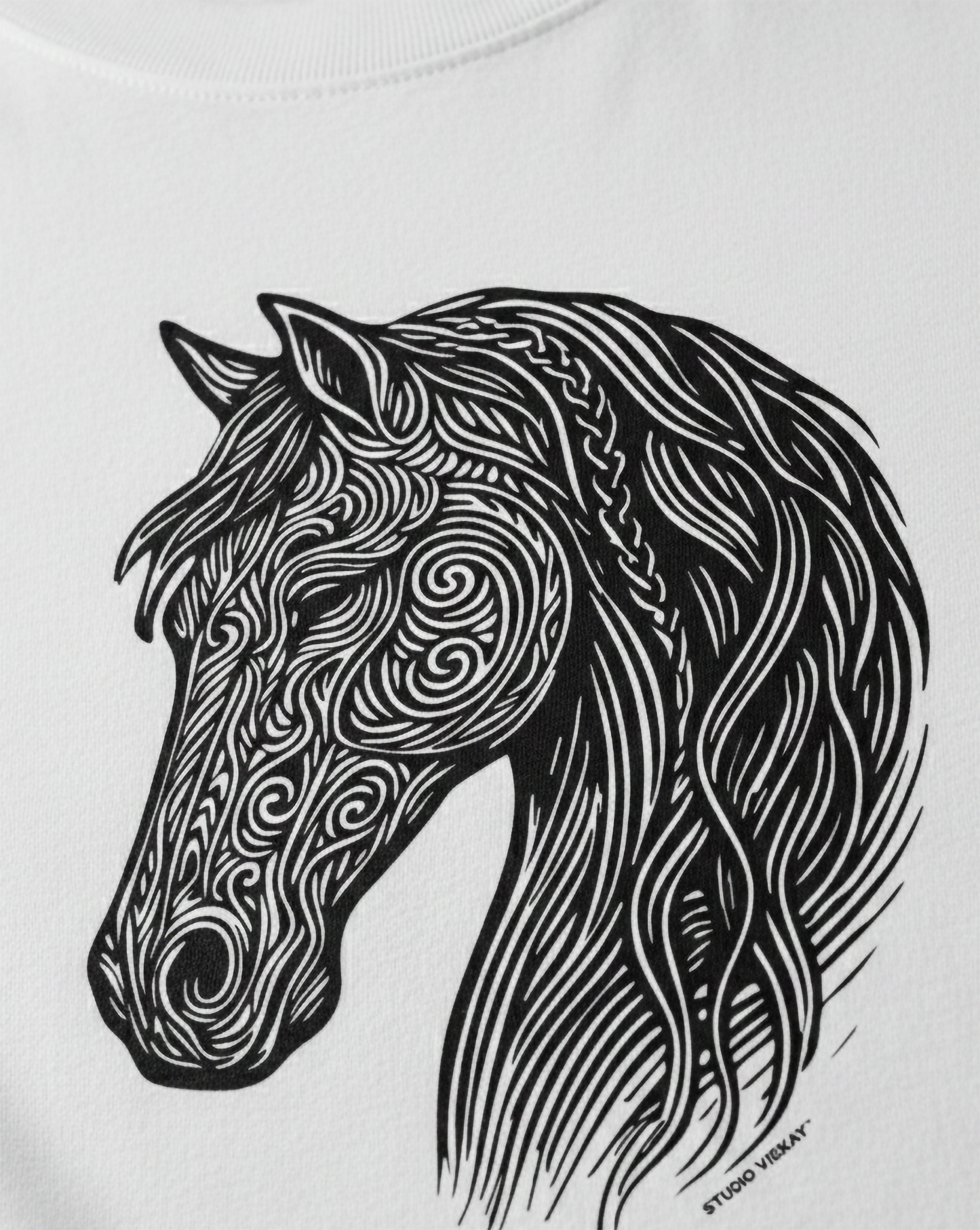 Close up of a black horse graphic in Studio Viekay style. 