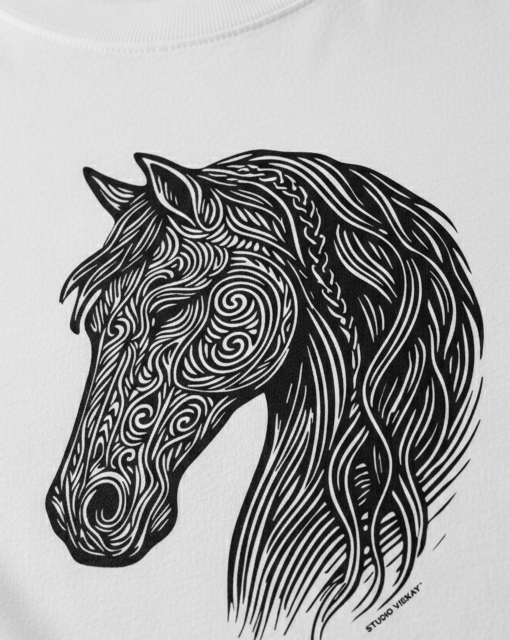 Close up of a black horse graphic in Studio Viekay style. 