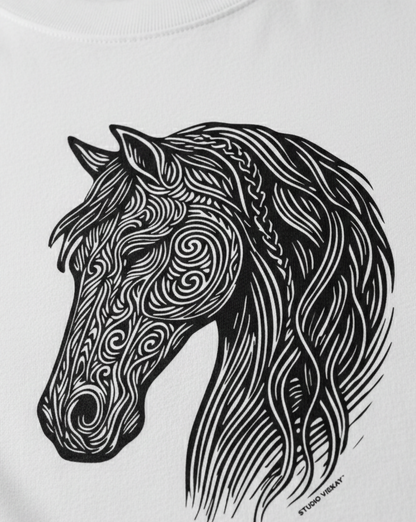Close up of a black horse graphic in Studio Viekay style. 