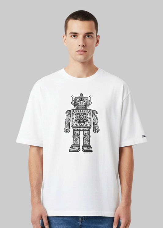 Model wearing Studio Viekay Robot Engraved Art Box Tee with carved robot artwork