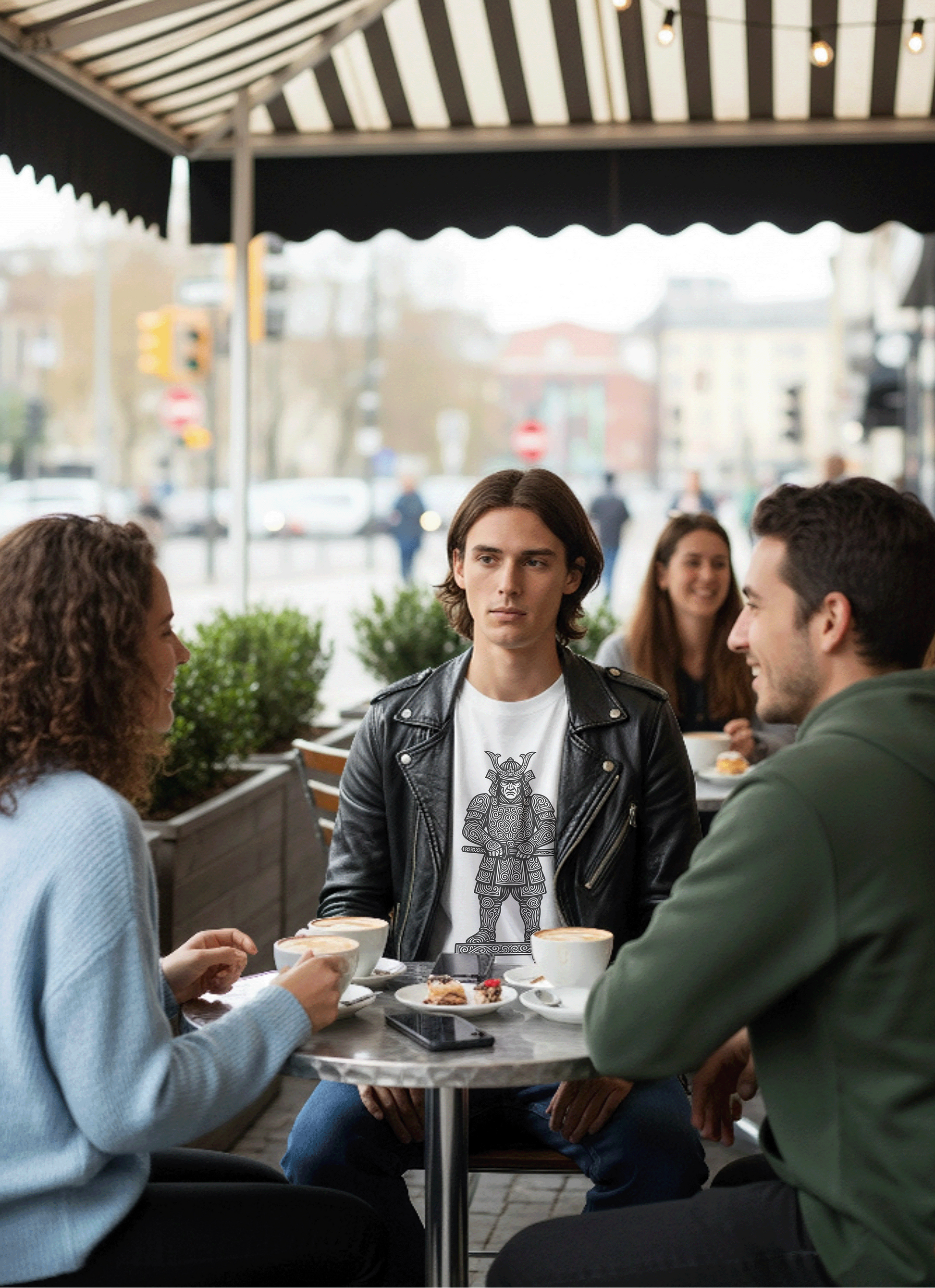 Male model wearing a white box fit Studio Viekay Samurai tee at an outdoor cafe, showcasing black engraved Samurai linework in a premium minimalist streetwear style.