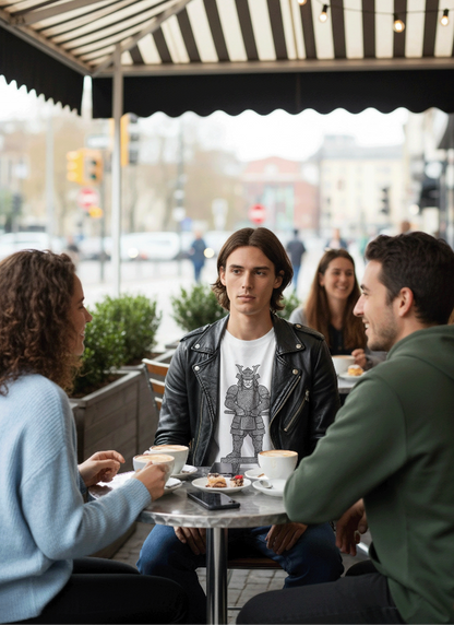 Male model wearing a white box fit Studio Viekay Samurai tee at an outdoor cafe, showcasing black engraved Samurai linework in a premium minimalist streetwear style.