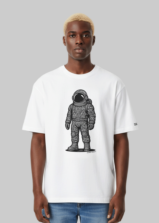Model wearing Studio Viekay Astronaut Engraved Art Box Tee with carved astronaut artwork