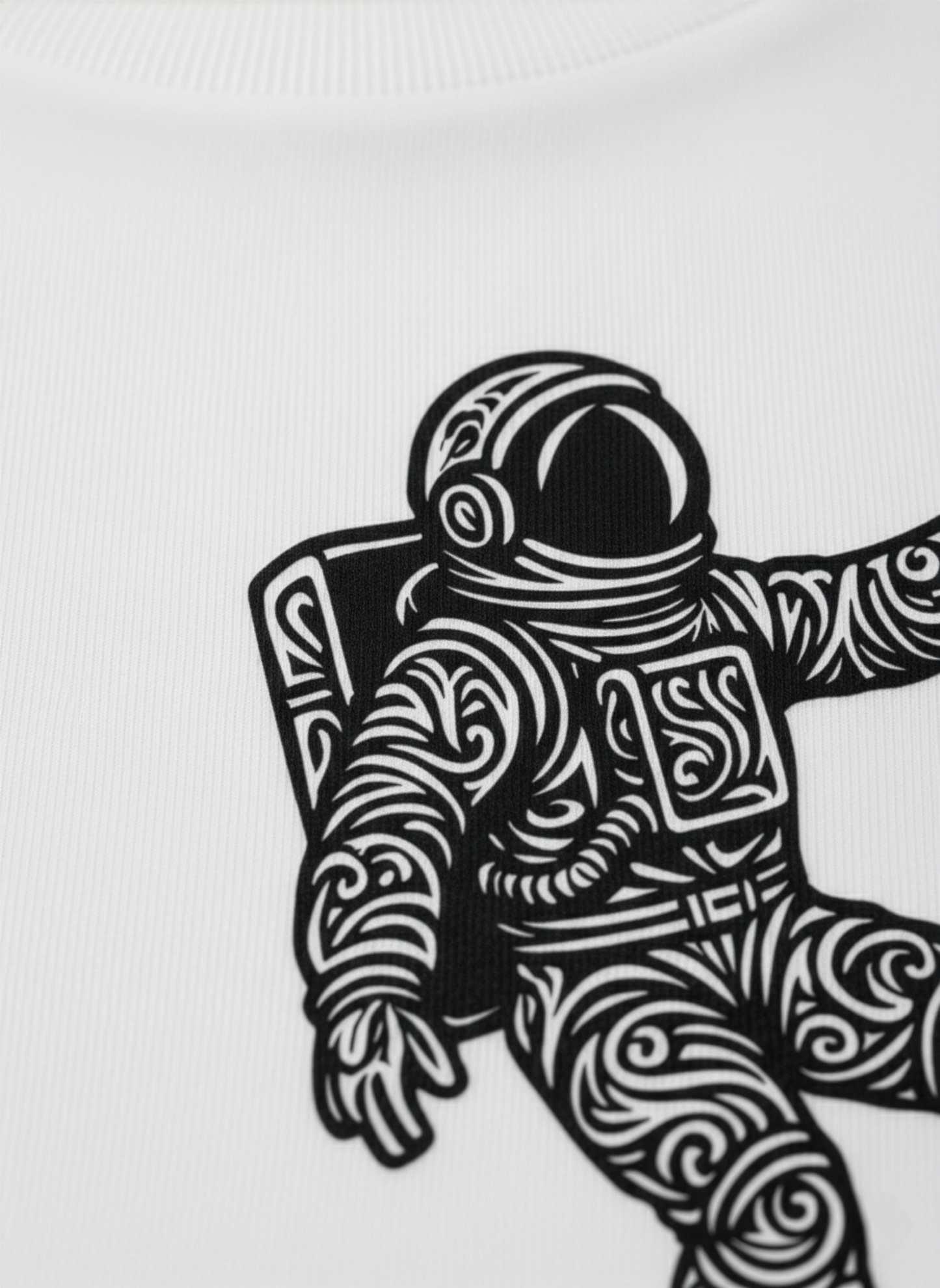 Black and white illustration of an astronaut on a white child's t-shirt