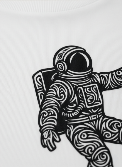 Black and white illustration of an astronaut on a white child's t-shirt
