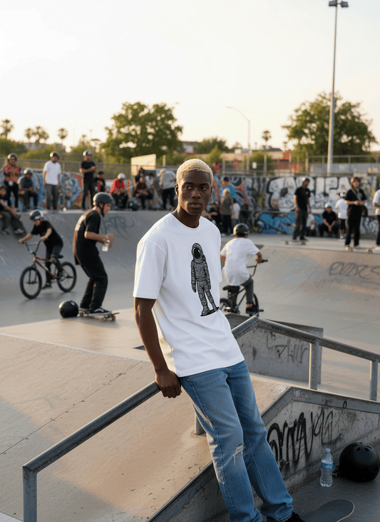 Model wearing Studio Viekay Astronaut Engraved Art Box Tee at a skate park with skaters and graffiti walls in the background