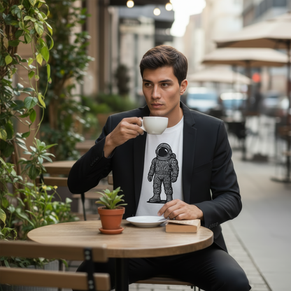 Model sitting at an outdoor cafe table, sipping a cup of coffee while wearing Studio Viekay tshirt