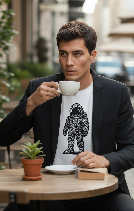 Model sitting at an outdoor cafe table, sipping a cup of coffee while wearing Studio Viekay tshirt