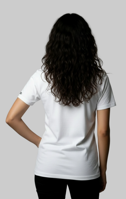 Back view of a model wearing a white t-shirt with a small logo on the back, standing against a gray background