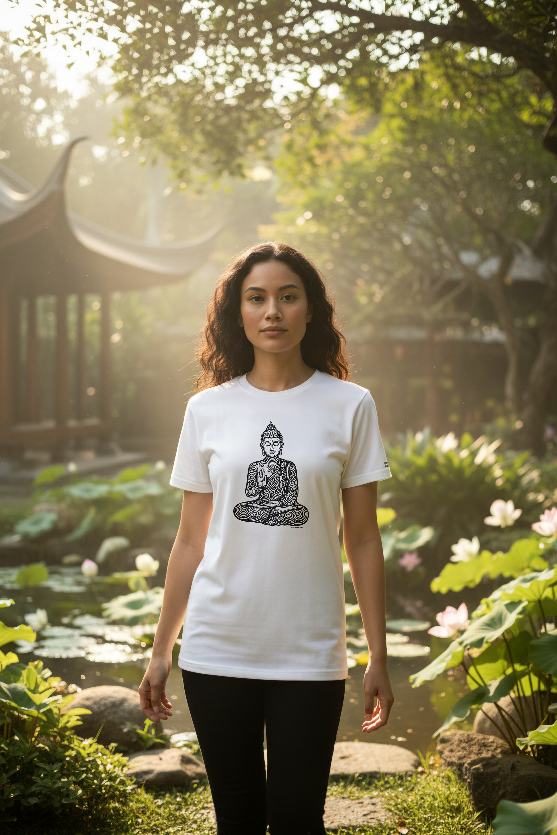 Model wearing a white t-shirt with a Buddha graphic in a garden setting