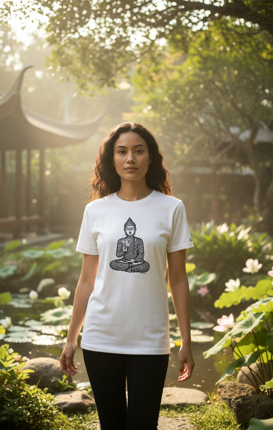 Model wearing a white t-shirt with a Studio VieKay design of a Buddha graphic standing in a garden setting