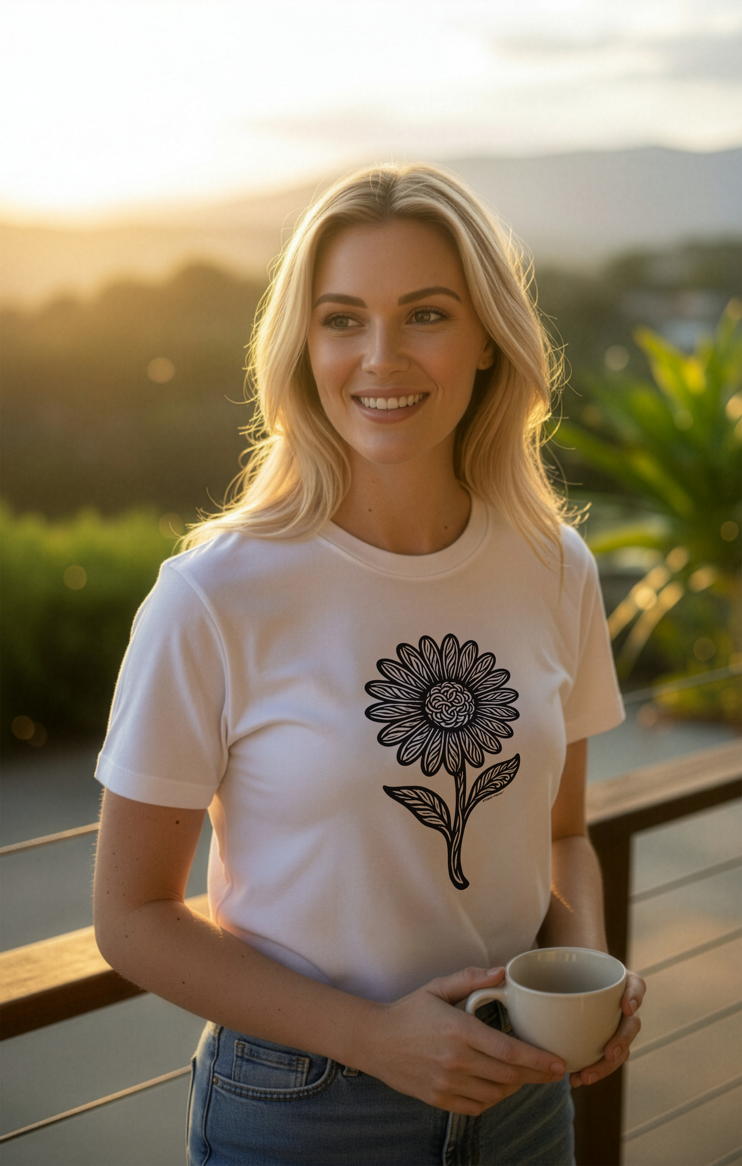 Model wearing a white Studio VieKay t-shirt with a black flower design, holding a mug outdoors.
