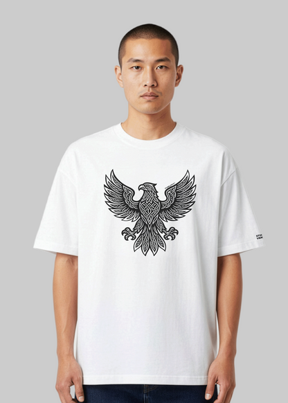Model wearing Studio Viekay Eagle Engraved Art Box Tee with carved eagle artwork