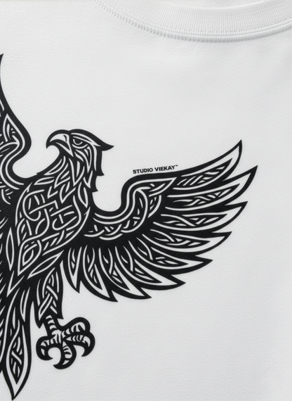 Detail of Studio Viekay white tee depicting eagle graphic