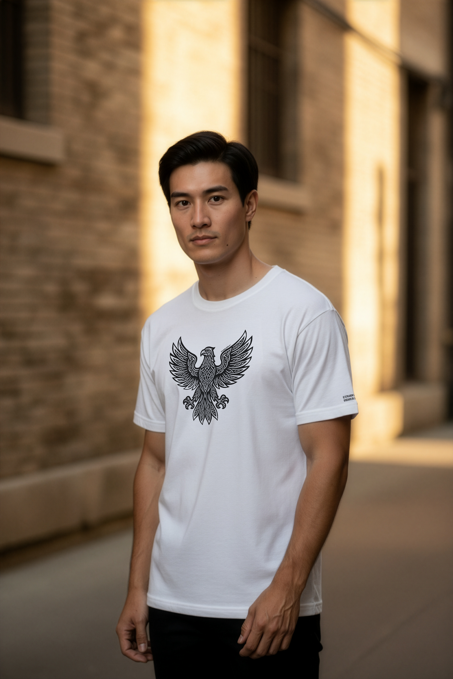 Model wearing a Studio Viekay tee with an eagle print standing in an alley