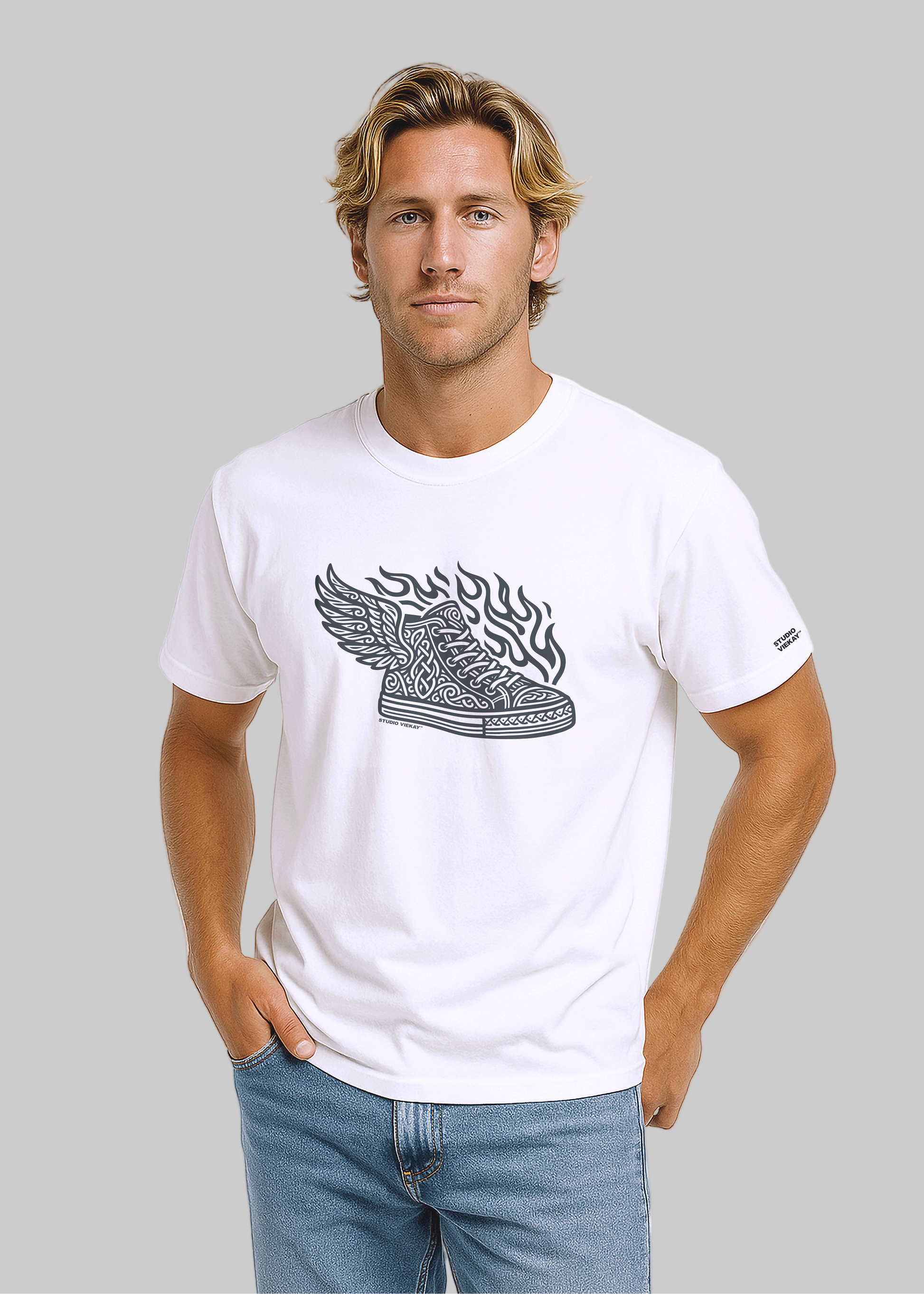 Men’s flaming sneaker black and white graphic t-shirt by Studio VieKay