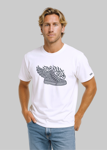 Men’s flaming sneaker black and white graphic t-shirt by Studio VieKay
