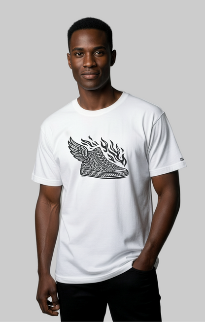Model wearing the Studio Viekay Flaming Sneaker Engraved Art Tee with bold carved flaming sneaker artwork in clean black and white linework