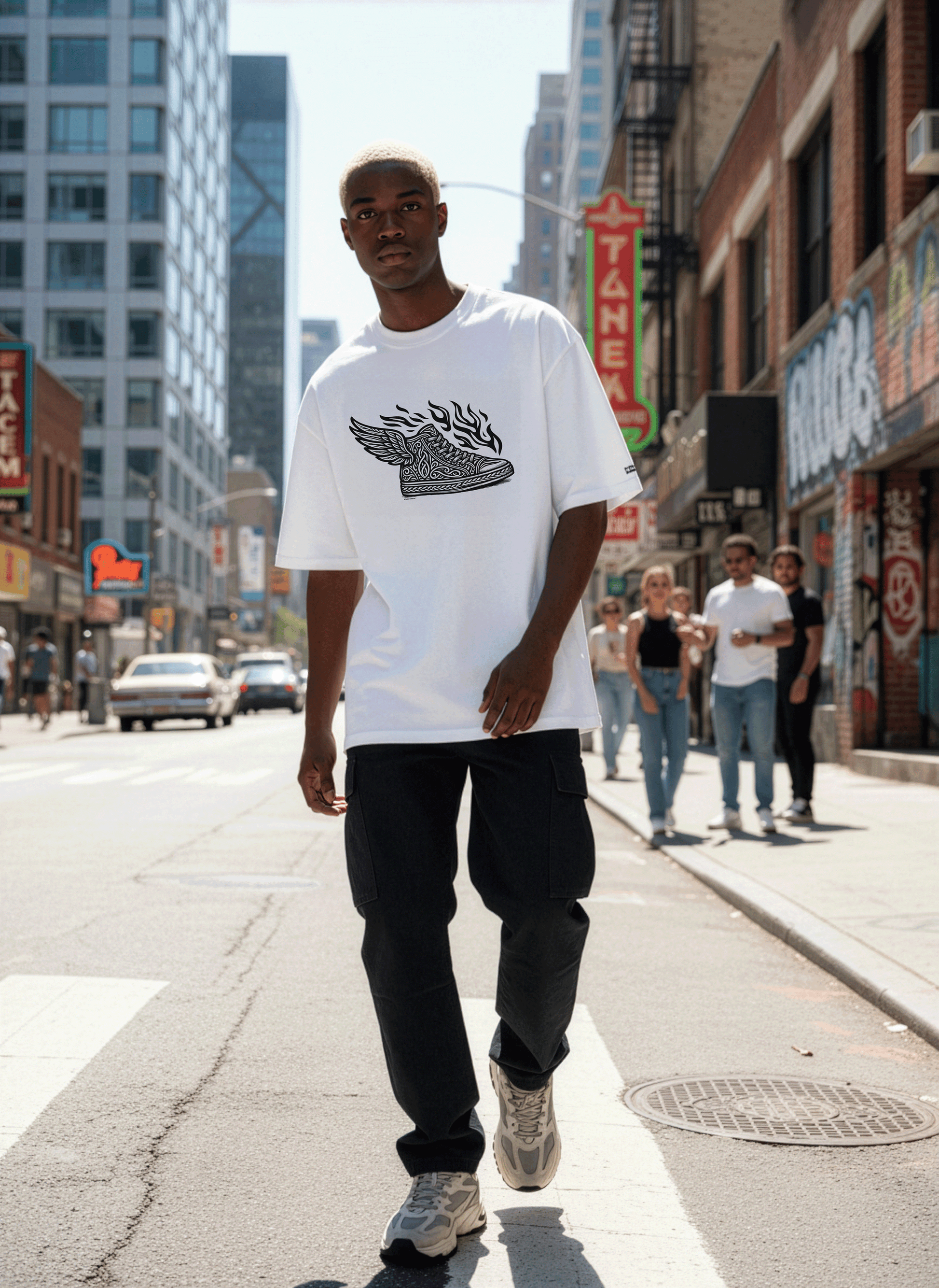 Model wearing Studio Viekay Flaming Sneaker Tee with engraved black and white artwork