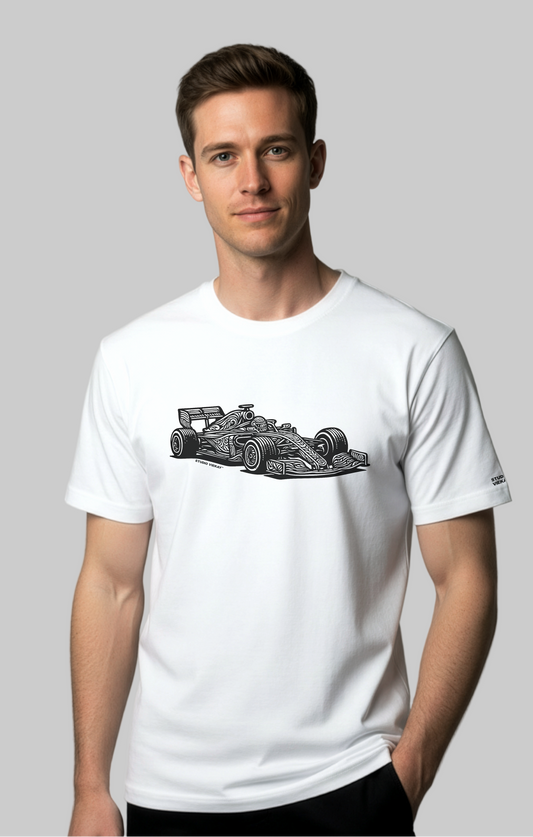 Model wearing the Studio Viekay Formula One Engraved Art Tee with bold carved formula one car artwork in clean black and white linework