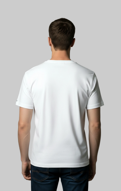 Back view of a male model wearing a white Studio Viekay t-shirt against a gray background