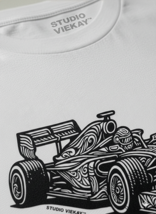 Detail of Studio Viekay graphic across Studio Viekay white tee.