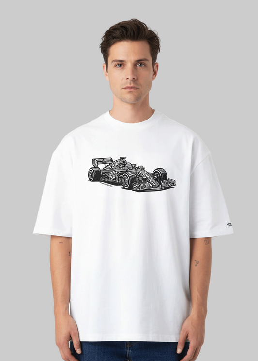 Model wearing Studio Viekay Formula One Engraved Art Box Tee with carved Formula One car artwork