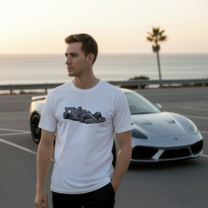 Model wearing a white Studio Viekay t-shirt with a graphic design of a Formula One car.