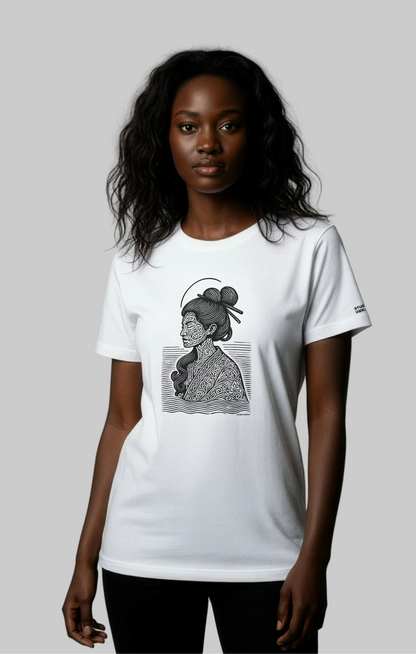 Model wearing a white t-shirt with a graphic design on a gray background