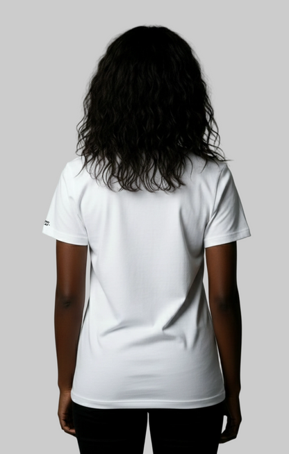 Back view of a model wearing a white t-shirt with a logo on the back against a gray background