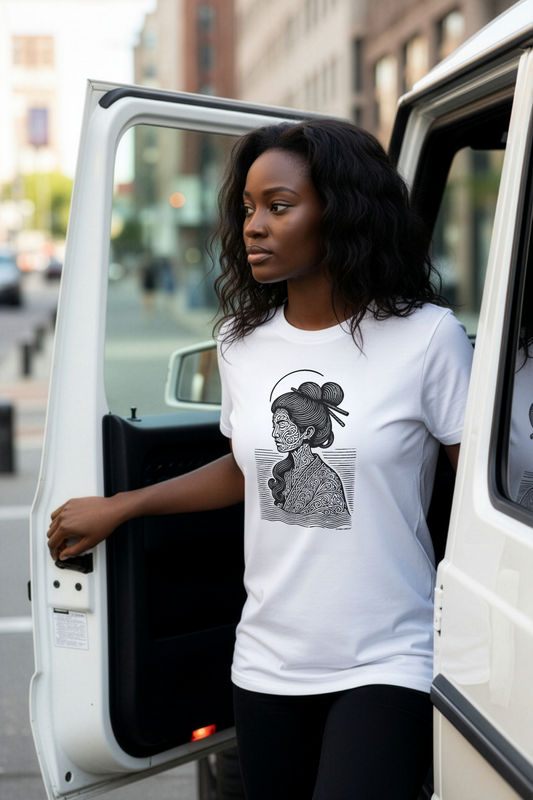 A model wearing a white t-shirt with a graphic design, standing next to a white G-wagon.