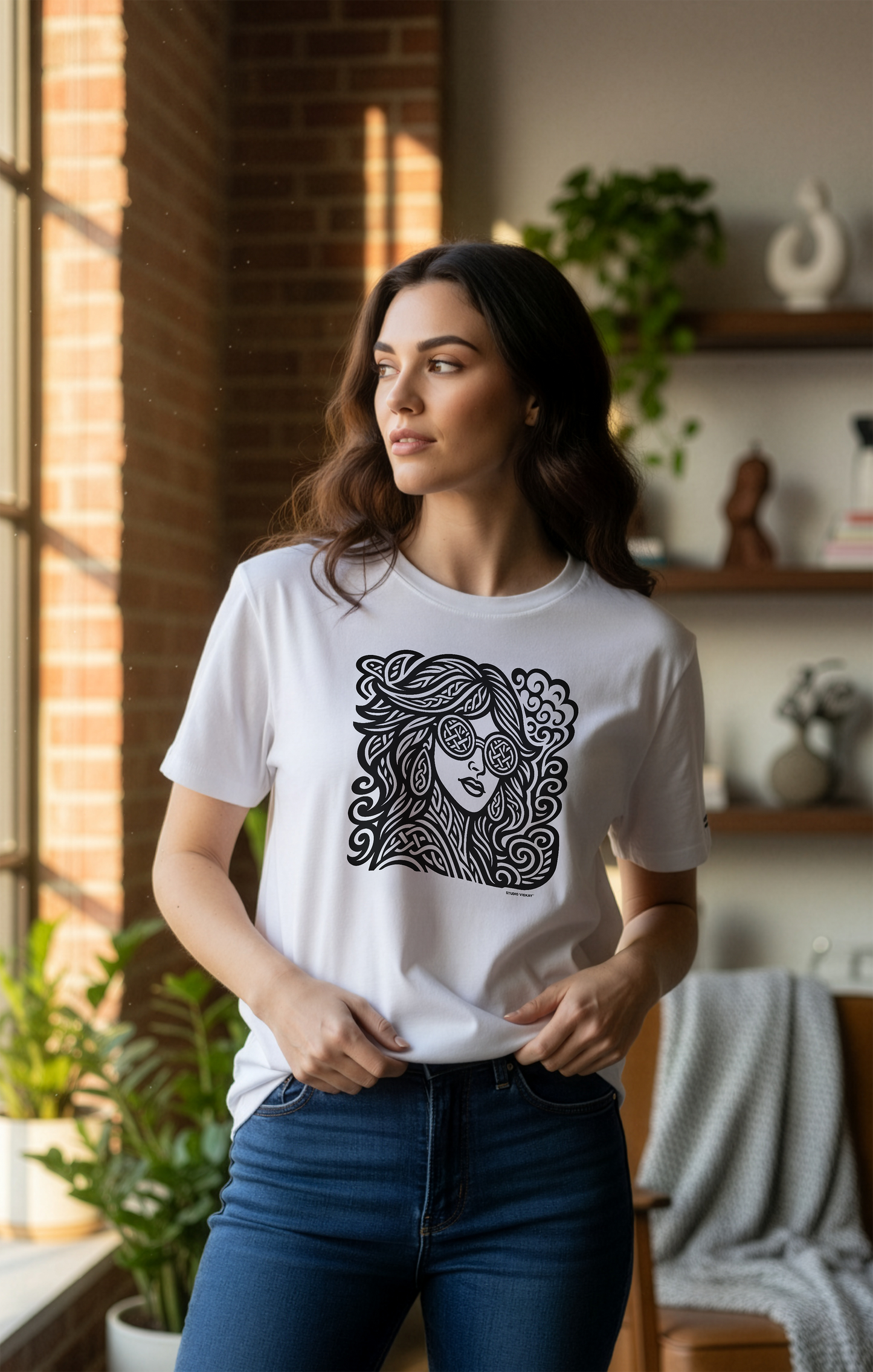 Model wearing a white Studio VieKay t-shirt with a black graphic design in a room with plants and shelves.